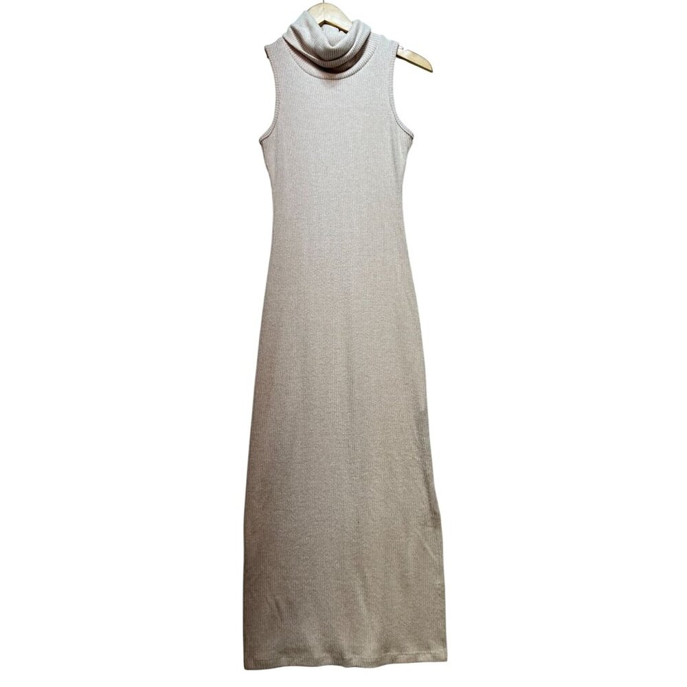 Final Touch Womens Turtle Neck Sweater Midi Dress Rib Knit Sz S Beige Sleeveless